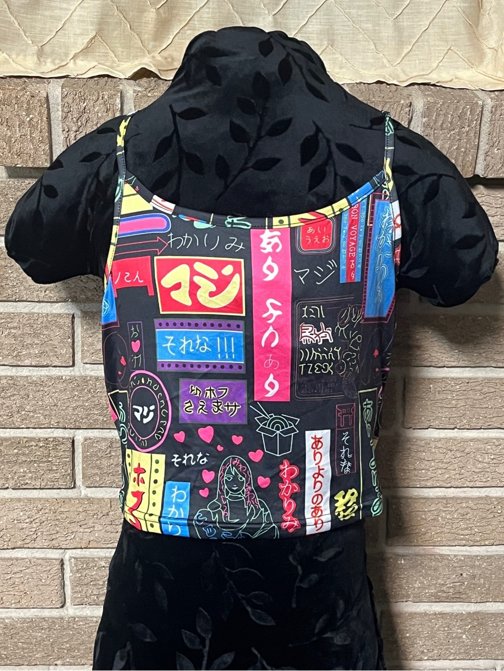 Multicolor Neon Japanese Print Crop Cami - Black